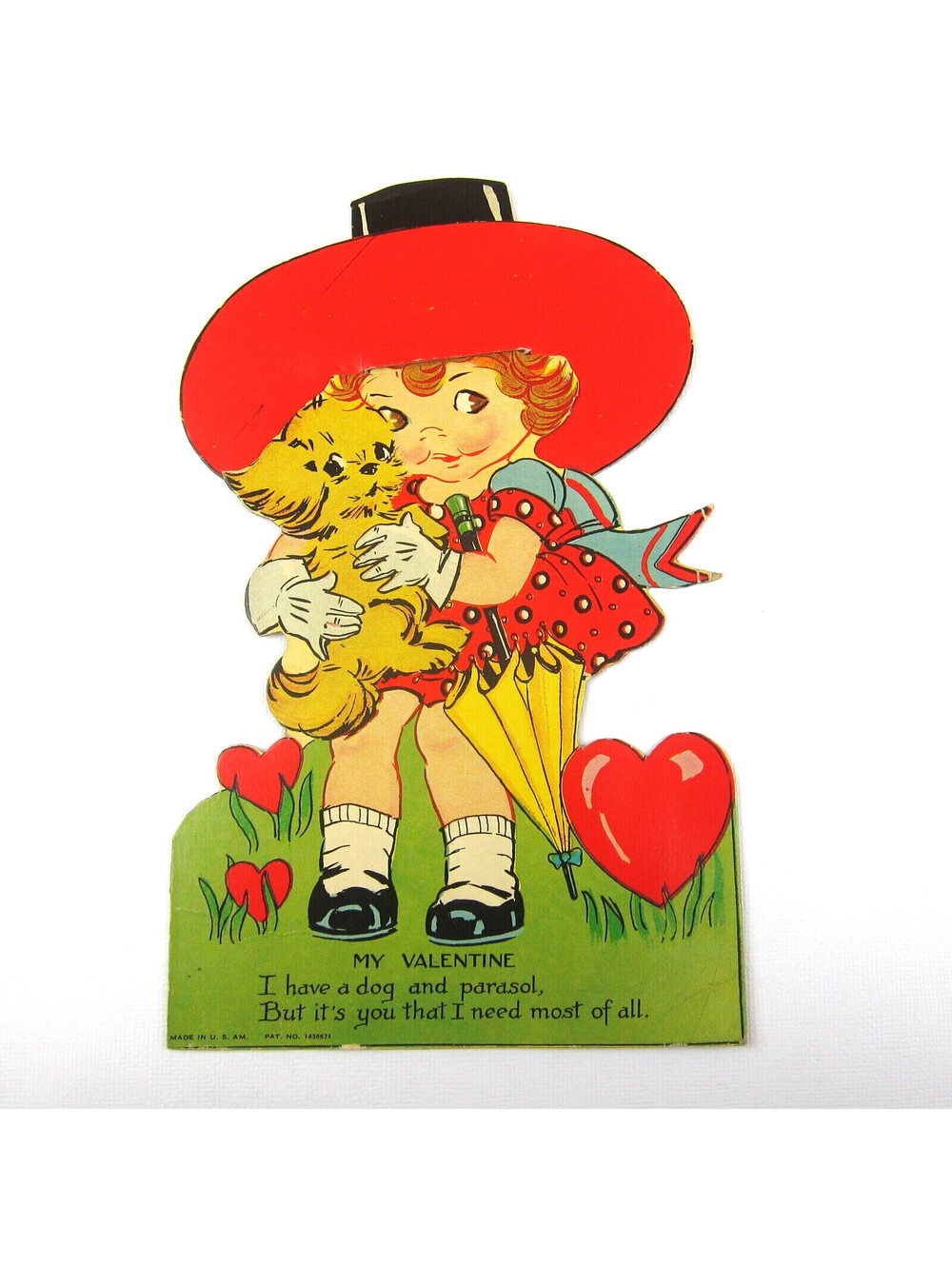 Vintage Valentine Card Die Cut Girl 3D Red Hat Havanese Puppy Dog LARGE Stand Up
